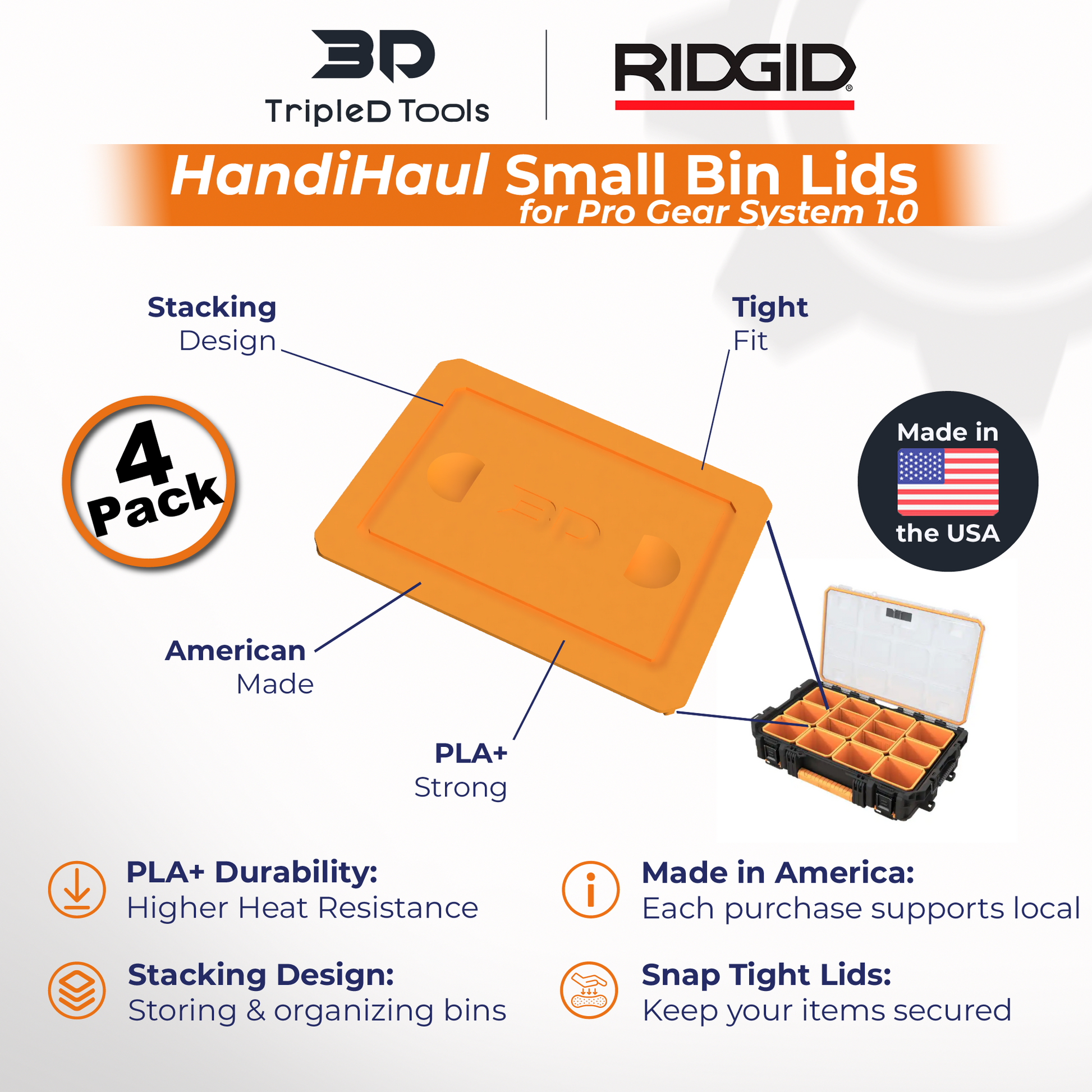 TripleD Tools HandiHaul Small Bin Lids for Ridgid Pro Gear System Made in America (Pack of 4) - TripleD Tools