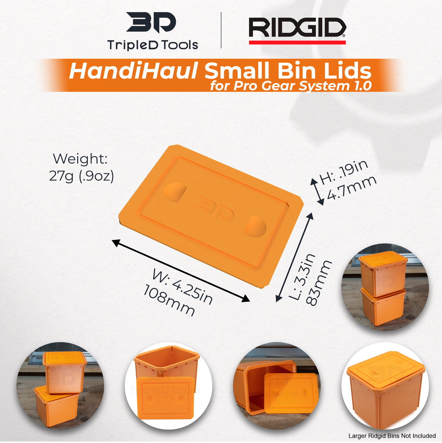 TripleD Tools HandiHaul Small Bin Lids for Ridgid Pro Gear System Made in America (Pack of 4) - TripleD Tools