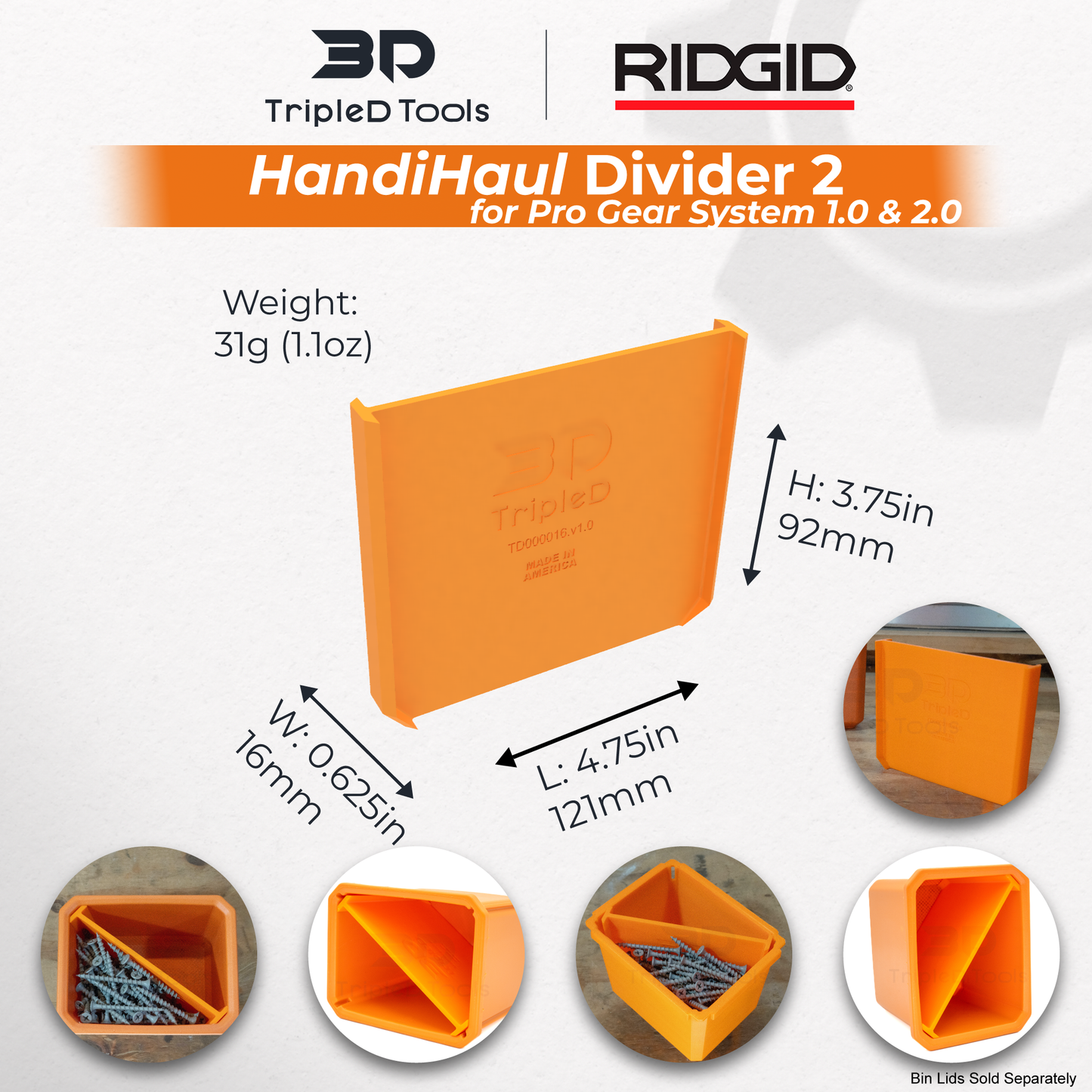 TripleD Tools HandiHaul Divider 2 Bin Dividers for Pro Gear System Bins - Set of 3 - TripleD Tools