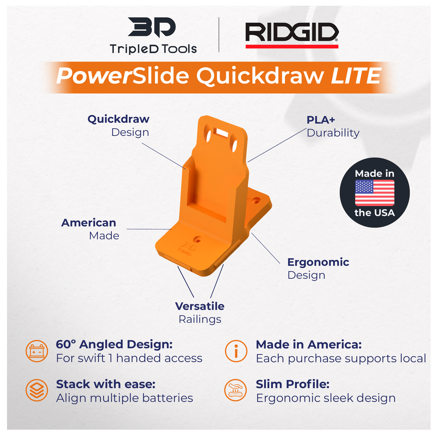 TripleD Tools PowerSlide Quickdraw Lite for Ridgid Power Tool 3D Printed Battery Mount 60 Angled Access, Compact Secure Durable, Made in USA - TripleD Tools