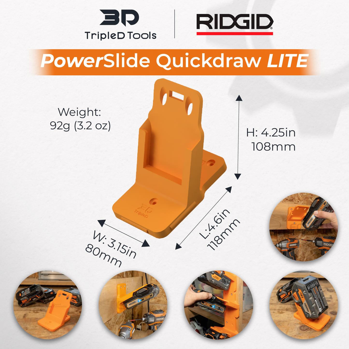 TripleD Tools PowerSlide Quickdraw Lite for Ridgid Power Tool 3D Printed Battery Mount 60 Angled Access, Compact Secure Durable, Made in USA - TripleD Tools