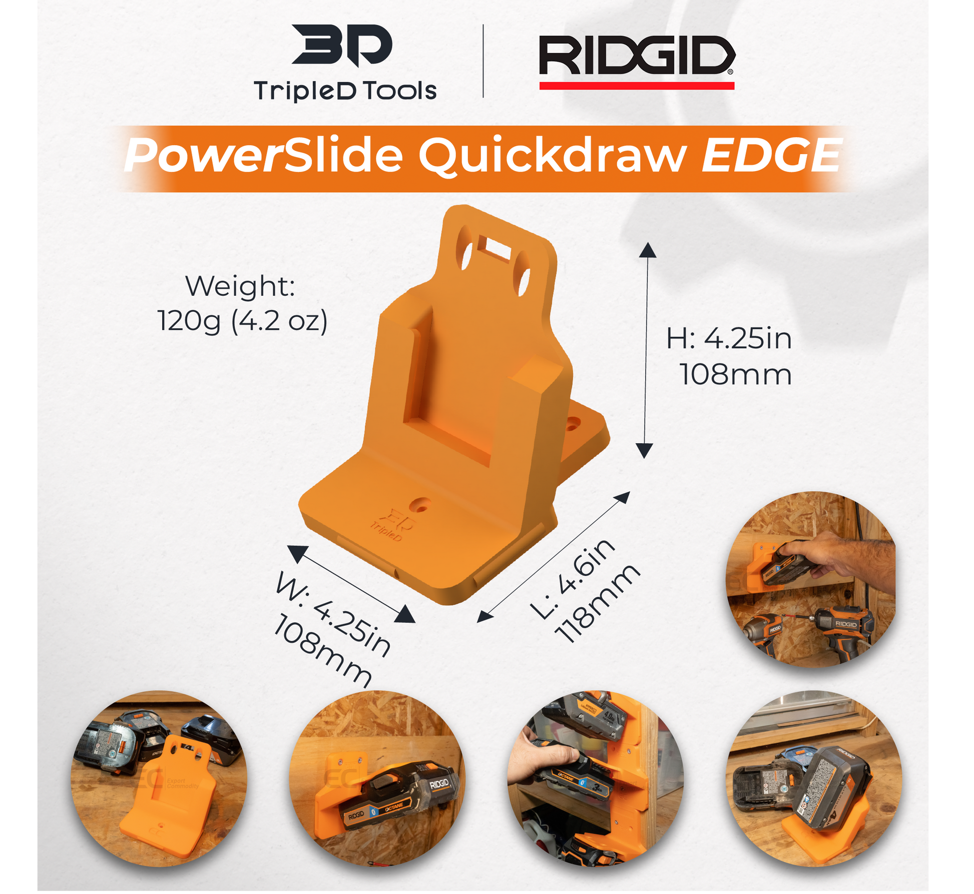 TripleD Tools PowerSlide Quickdraw Edge for Ridgid Power Tools Sleek Angled 3D Printed Battery Mount Fast Access Durable Design Made in USA - TripleD Tools