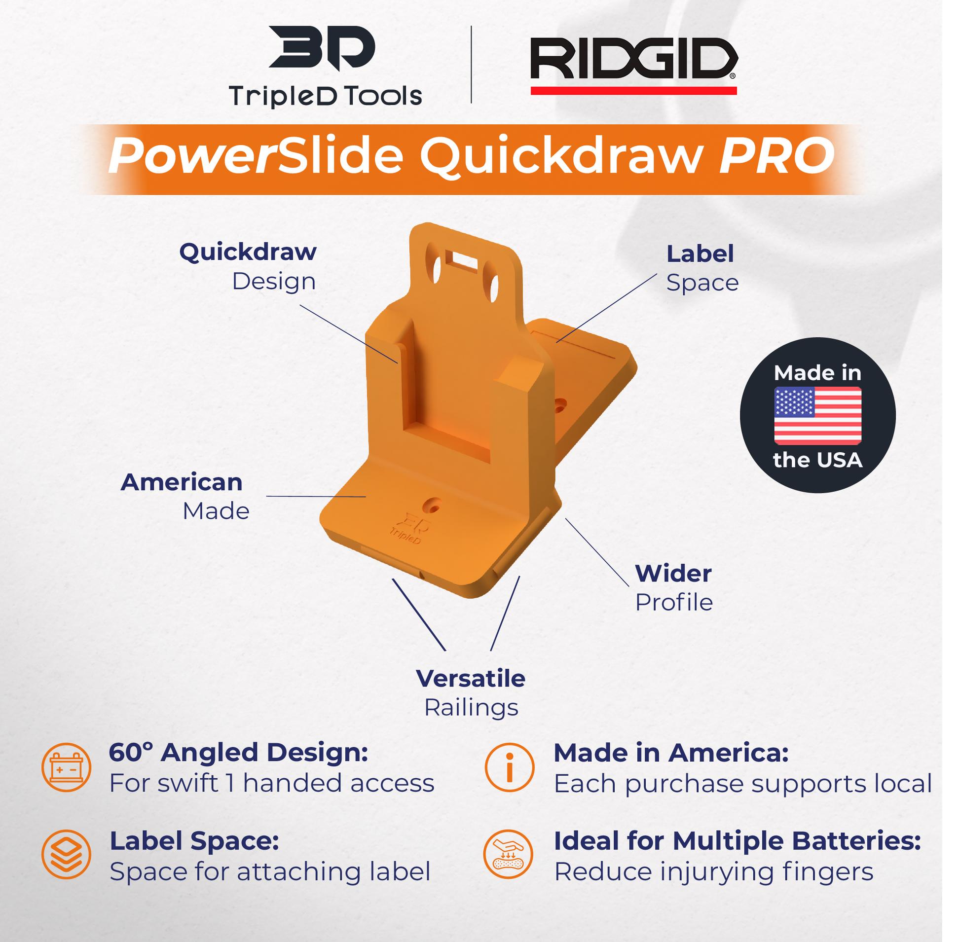 TripleD Tools PowerSlide Quickdraw Pro for Ridgid Power Tools Angled 3D Printed Battery Mount, Fast Access, Durable, Ergonomic & Made in USA - TripleD Tools