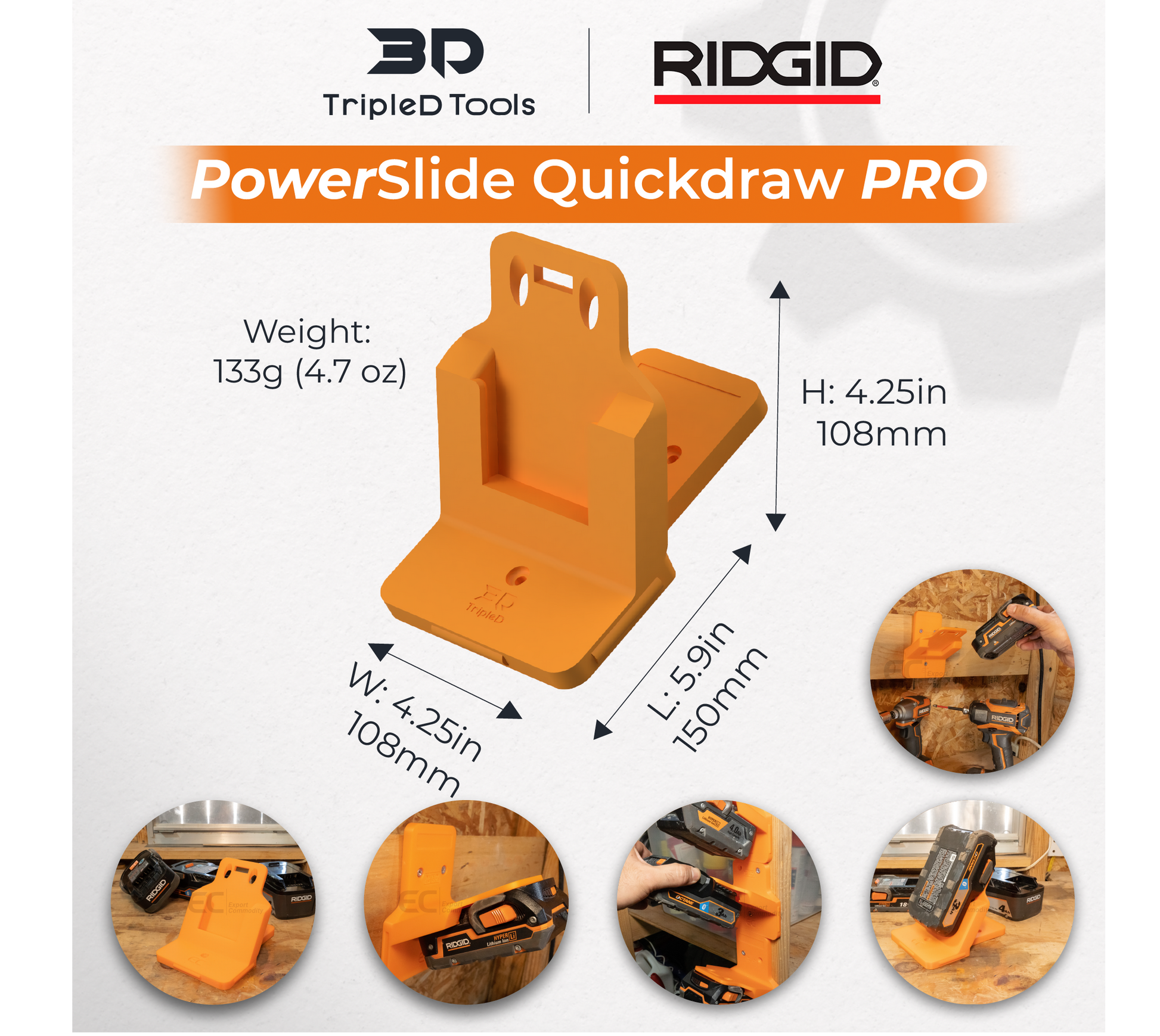 TripleD Tools PowerSlide Quickdraw Pro for Ridgid Power Tools Angled 3D Printed Battery Mount, Fast Access, Durable, Ergonomic & Made in USA - TripleD Tools