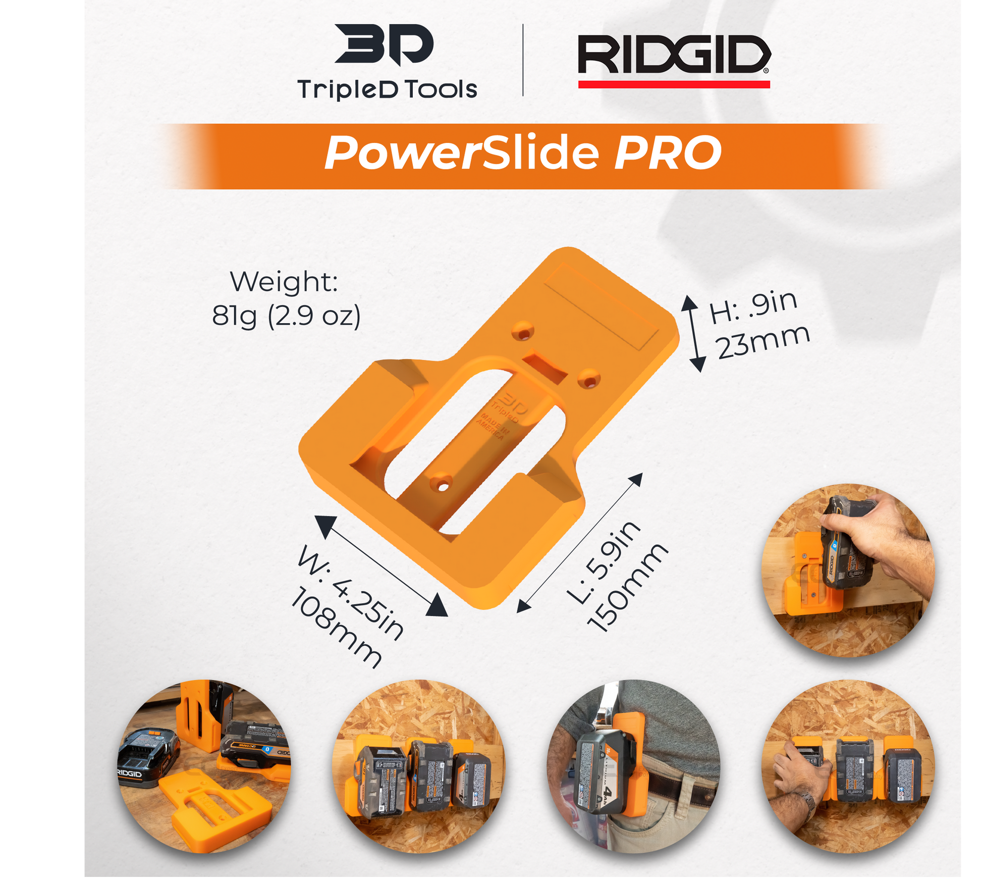 TripleD Tools PowerSlide Pro for Ridgid Power Tools: 3D Printed 3 Pack Battery Mount Secure Ergonomic & Belt-Clip Design & Made in USA - TripleD Tools