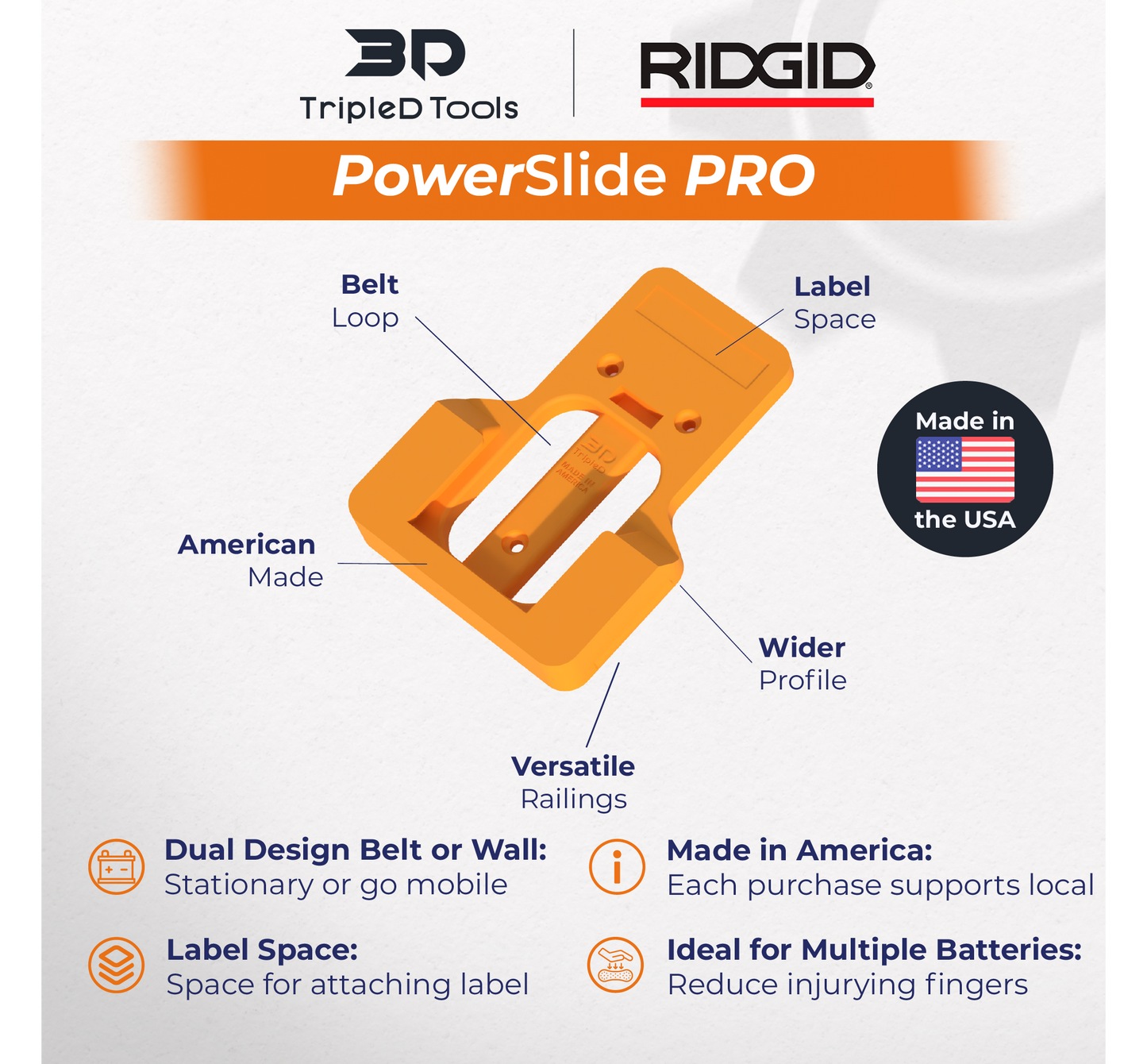 TripleD Tools PowerSlide Pro for Ridgid Power Tools: 3D Printed 3 Pack Battery Mount Secure Ergonomic & Belt-Clip Design & Made in USA - TripleD Tools