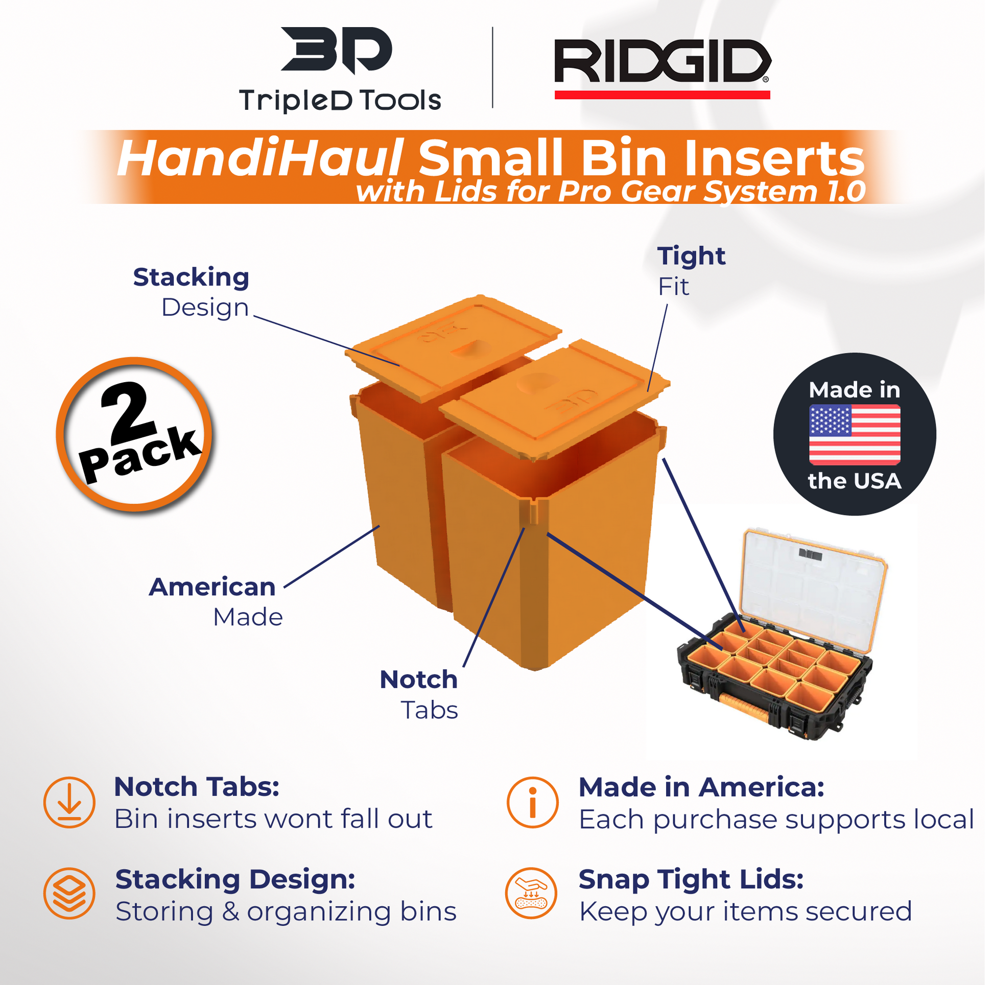 TripleD Tools HandiHaul Series Pack of 2 Small Bin Inserts and Lids for Ridgid Pro Gear System Made in America (Pack of 2) - TripleD Tools