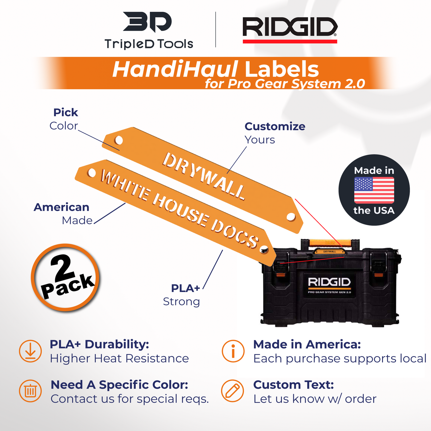 TripleD Tools HandiHaul Labels for Ridgid Pro Gear System 2.0 Made in America Durable Plastic Customizable Pack of 2 - TripleD Tools