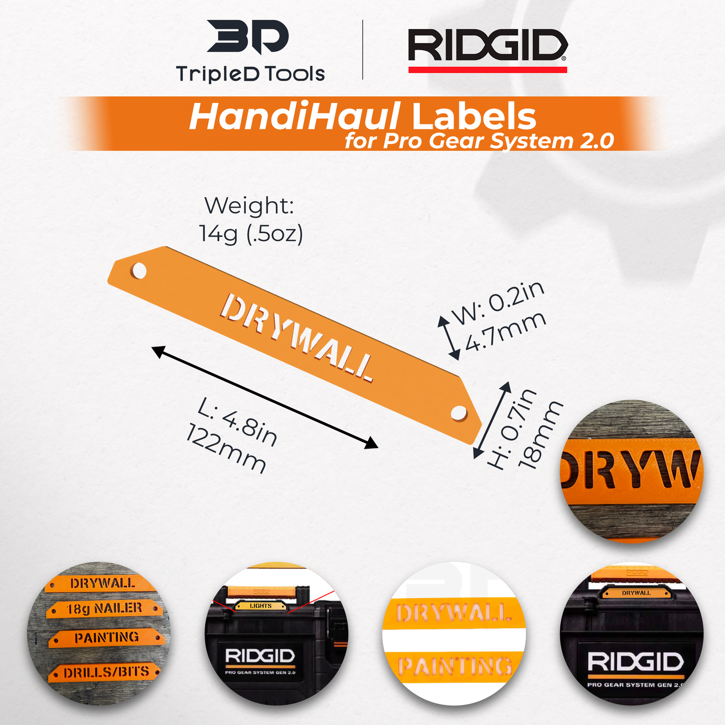 TripleD Tools HandiHaul Labels for Ridgid Pro Gear System 2.0 Made in America Durable Plastic Customizable Pack of 2 - TripleD Tools