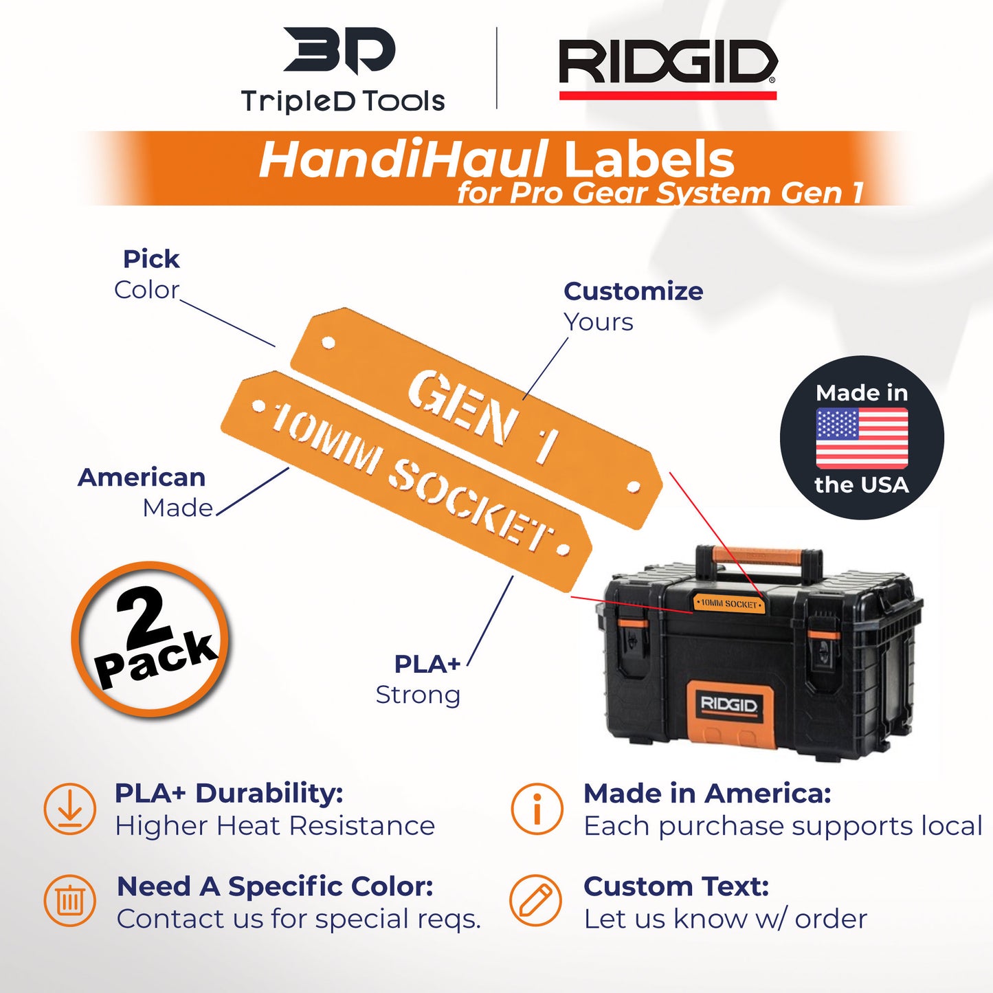 TripleD Tools HandiHaul Labels for Ridgid Pro Gear System Gen 1.0 Made in America Durable Plastic Customizable Pack of 2 - TripleD Tools