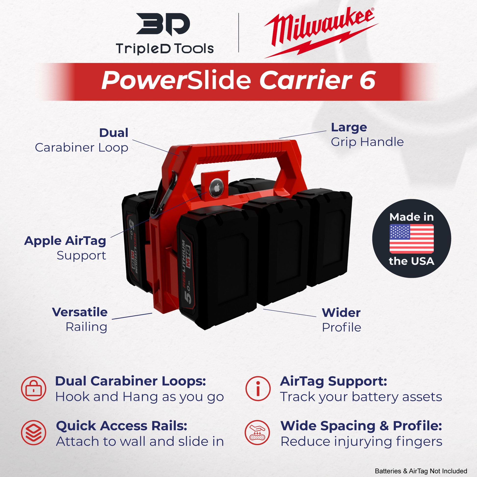 Milwaukee Battery Caddy PowerSlide Carrier 6 w/ AirTag Tracking Support by TripleD Tools - Secure Battery Holder Made in America - TripleD Tools