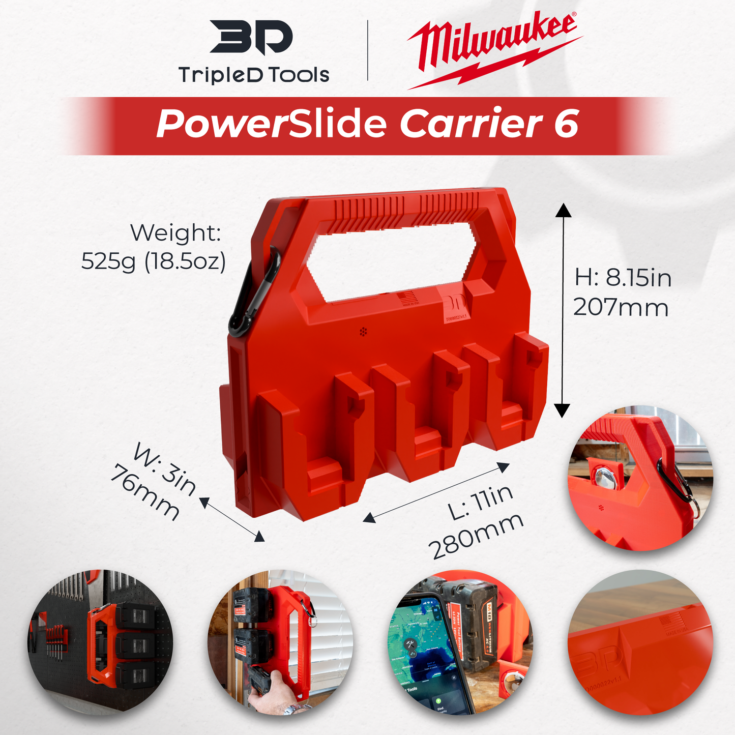 Milwaukee Battery Caddy PowerSlide Carrier 6 w/ AirTag Tracking Support by TripleD Tools - Secure Battery Holder Made in America - TripleD Tools