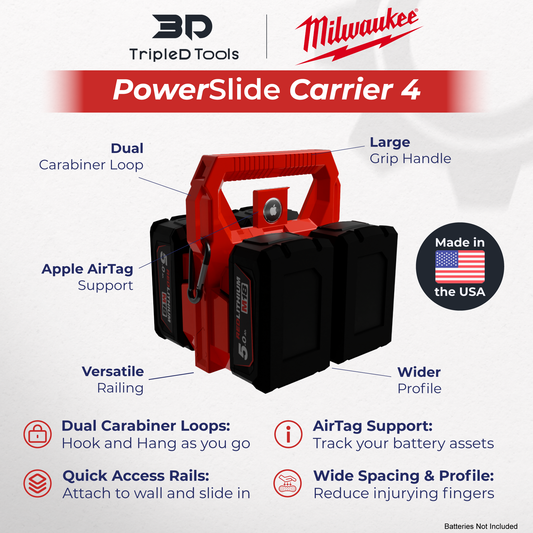 Milwaukee Battery Caddy PowerSlide Carrier 4 w/ AirTag Tracking Support by TripleD Tools - Secure Battery Holder Made in America - TripleD Tools