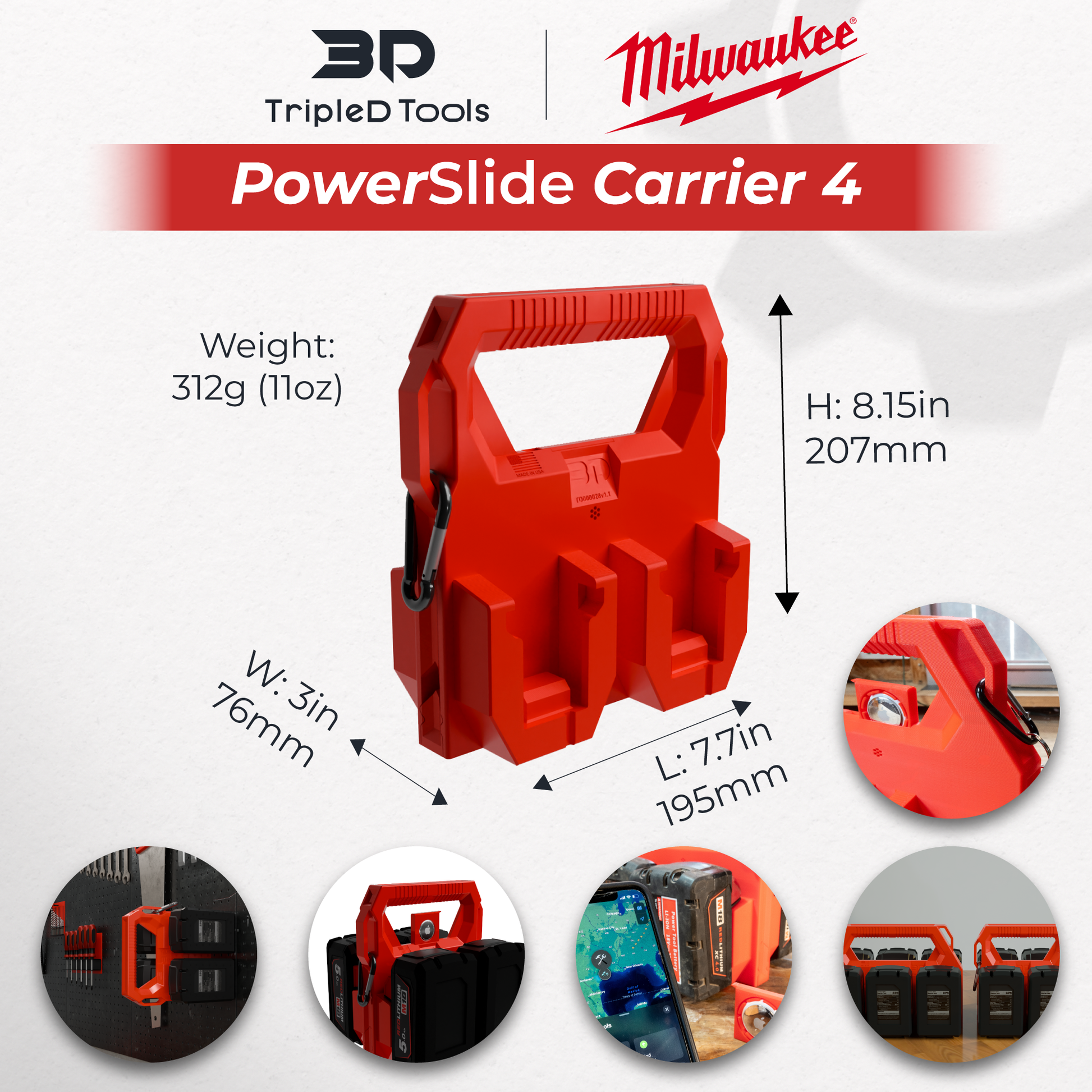 Milwaukee Battery Caddy PowerSlide Carrier 4 w/ AirTag Tracking Support by TripleD Tools - Secure Battery Holder Made in America - TripleD Tools