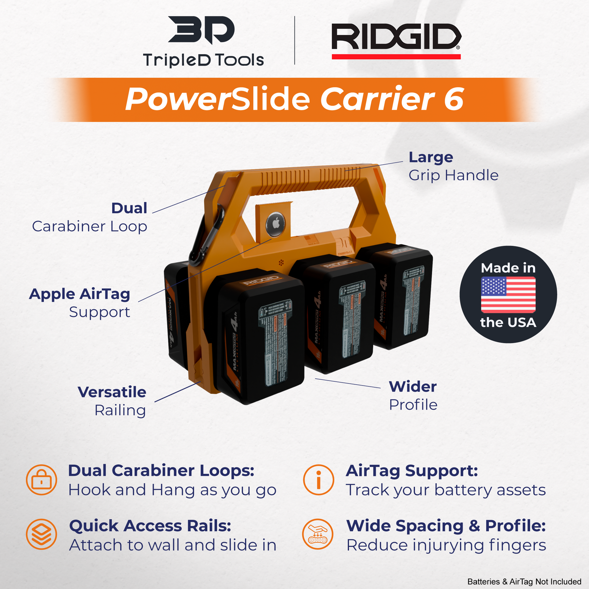 Ridgid Battery Caddy PowerSlide Carrier 6 Wall Mount Battery Storage Garage Tool with Smart Tracker Support Secure Battery Holder Compatible - TripleD Tools