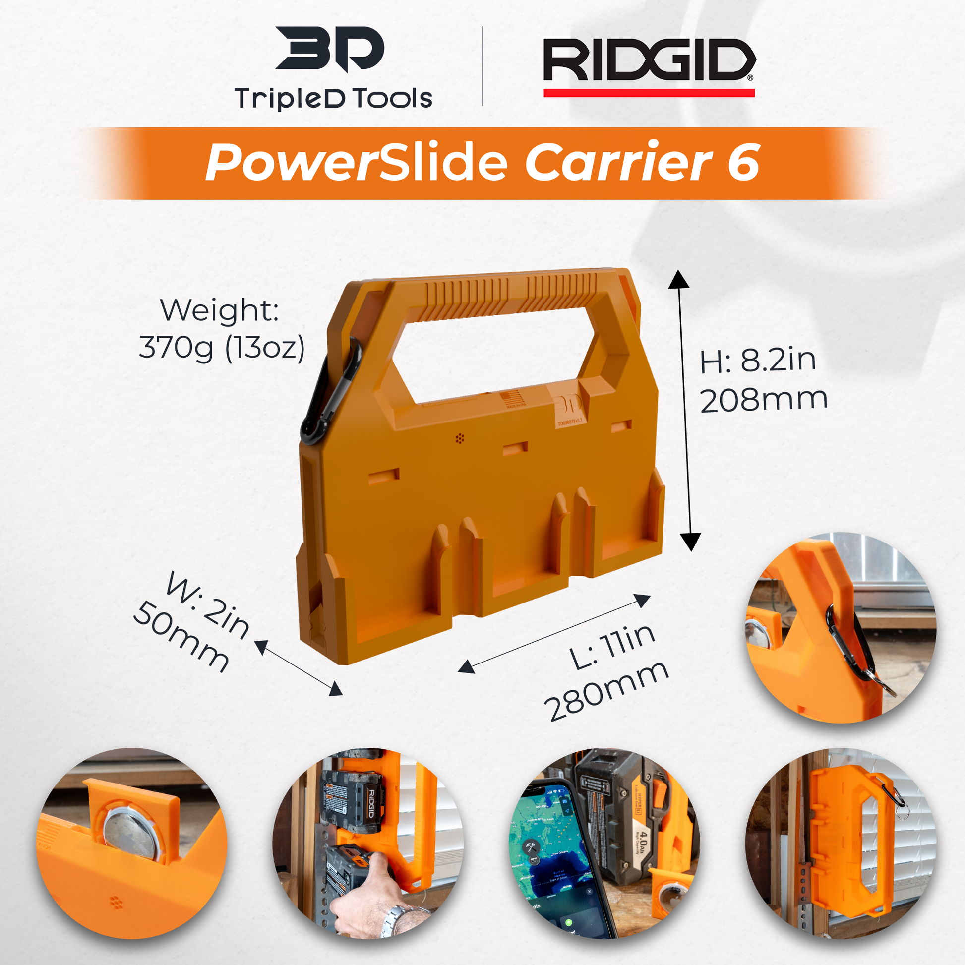 Ridgid Battery Caddy PowerSlide Carrier 6 Wall Mount Battery Storage Garage Tool with Smart Tracker Support Secure Battery Holder Compatible - TripleD Tools