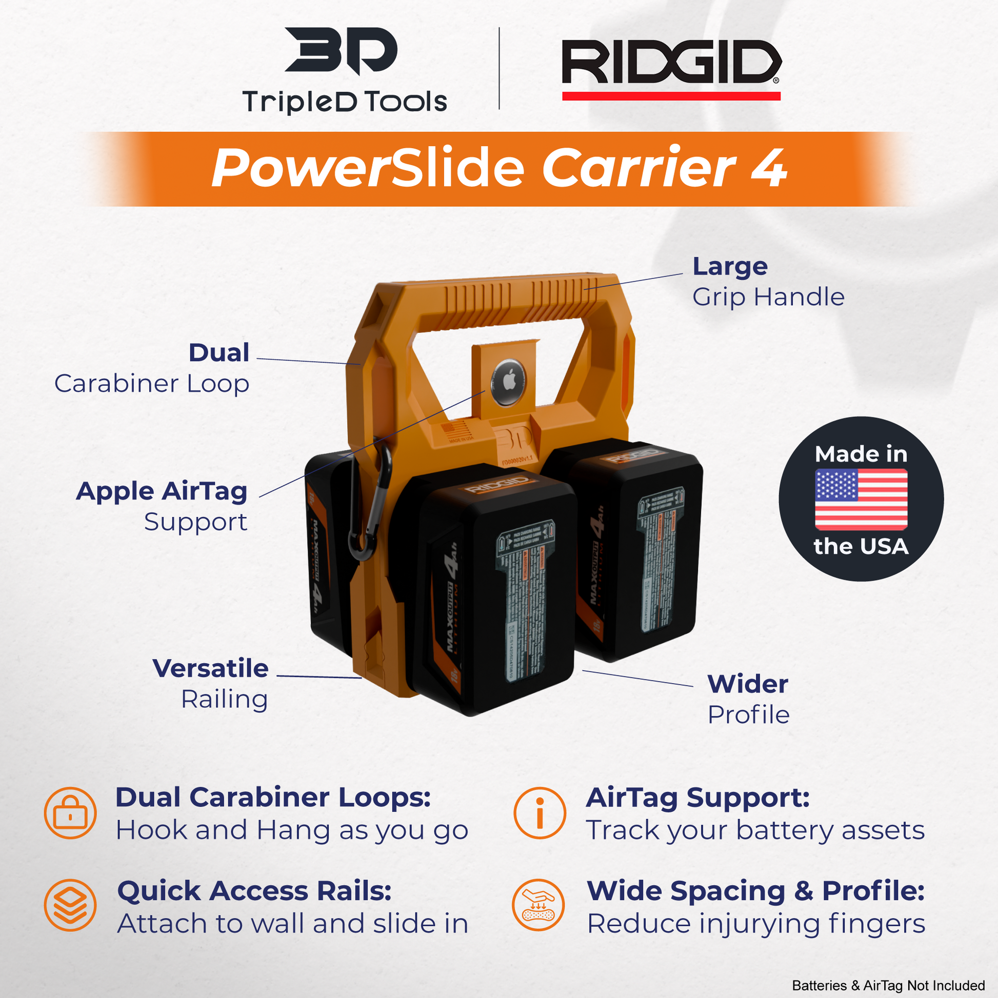 Ridgid Battery Caddy PowerSlide Carrier 4 w/ AirTag Tracking Support by TripleD Tools - Secure Battery Holder Made in America - TripleD Tools