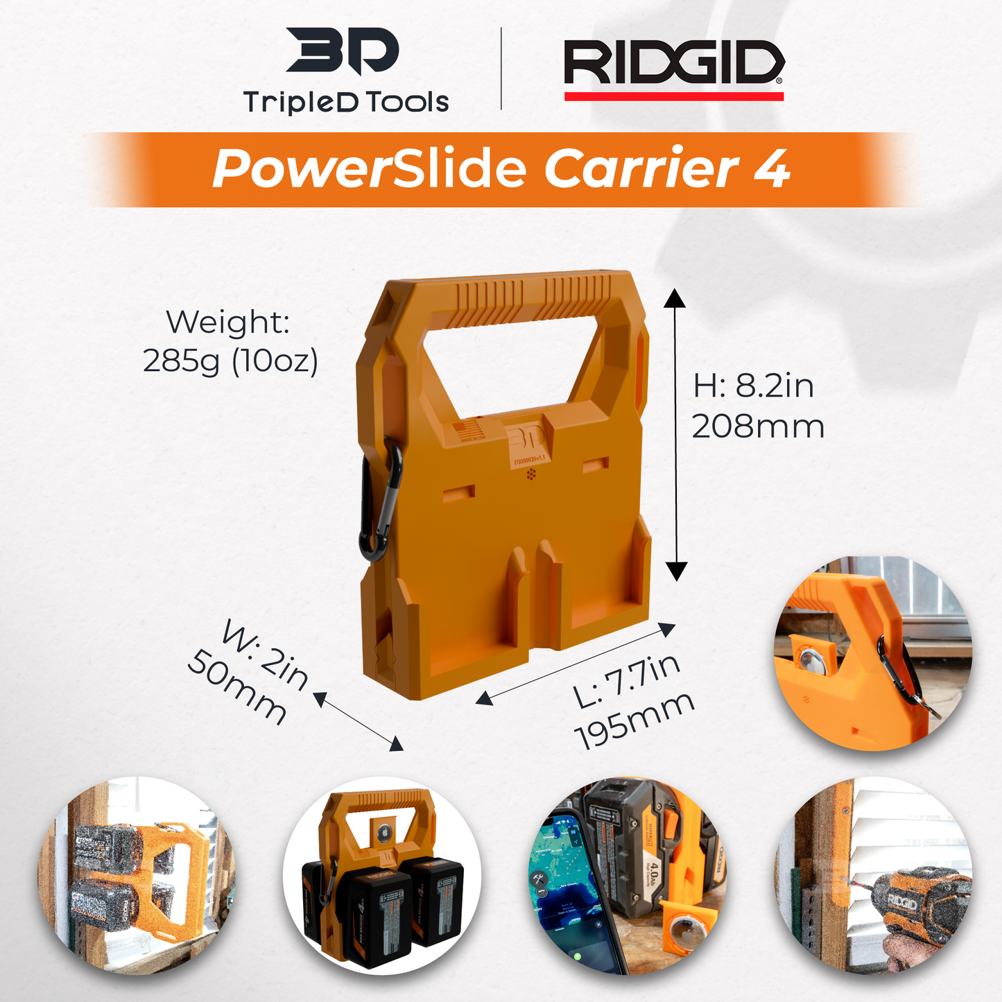 Ridgid Battery Caddy PowerSlide Carrier 4 w/ AirTag Tracking Support by TripleD Tools - Secure Battery Holder Made in America - TripleD Tools