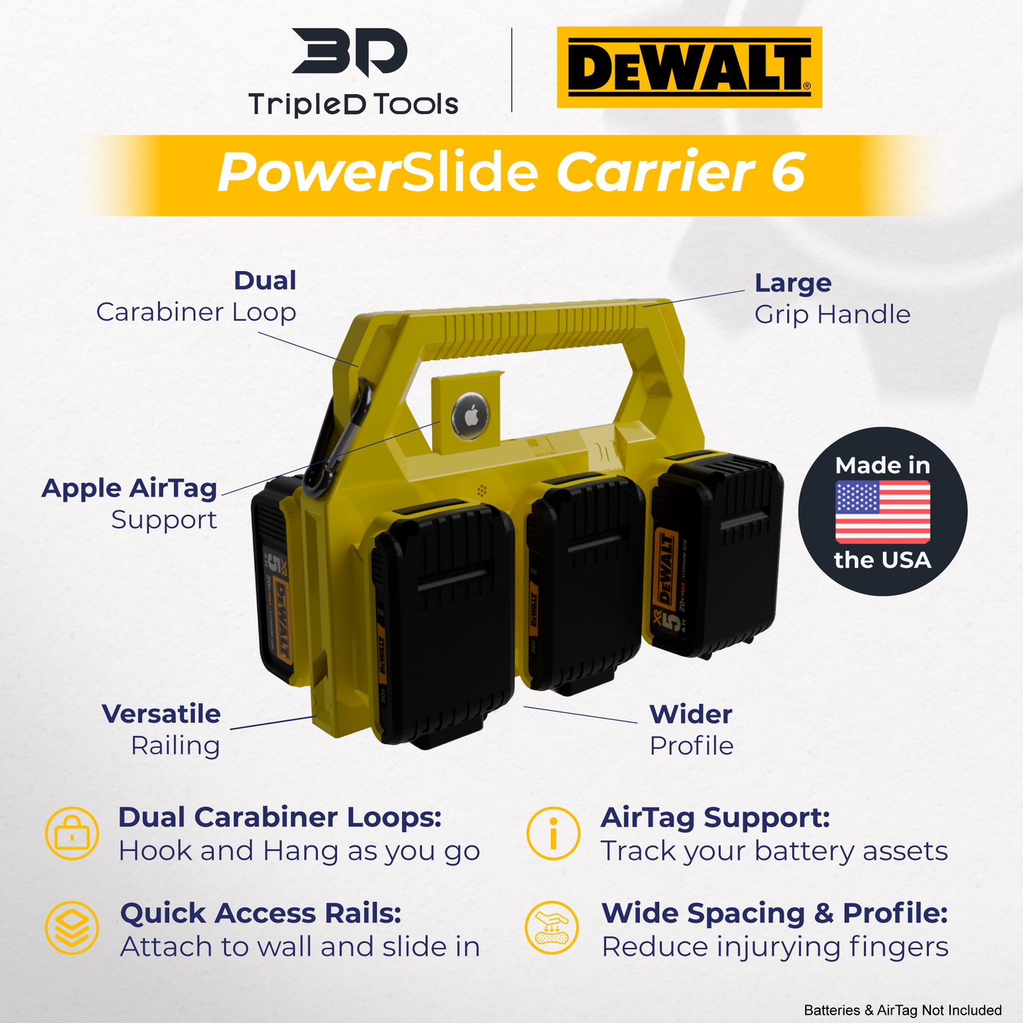 Dewalt Battery Caddy PowerSlide Carrier 6 w/ AirTag Tracking Support by TripleD Tools - Secure Battery Holder Made in America - TripleD Tools