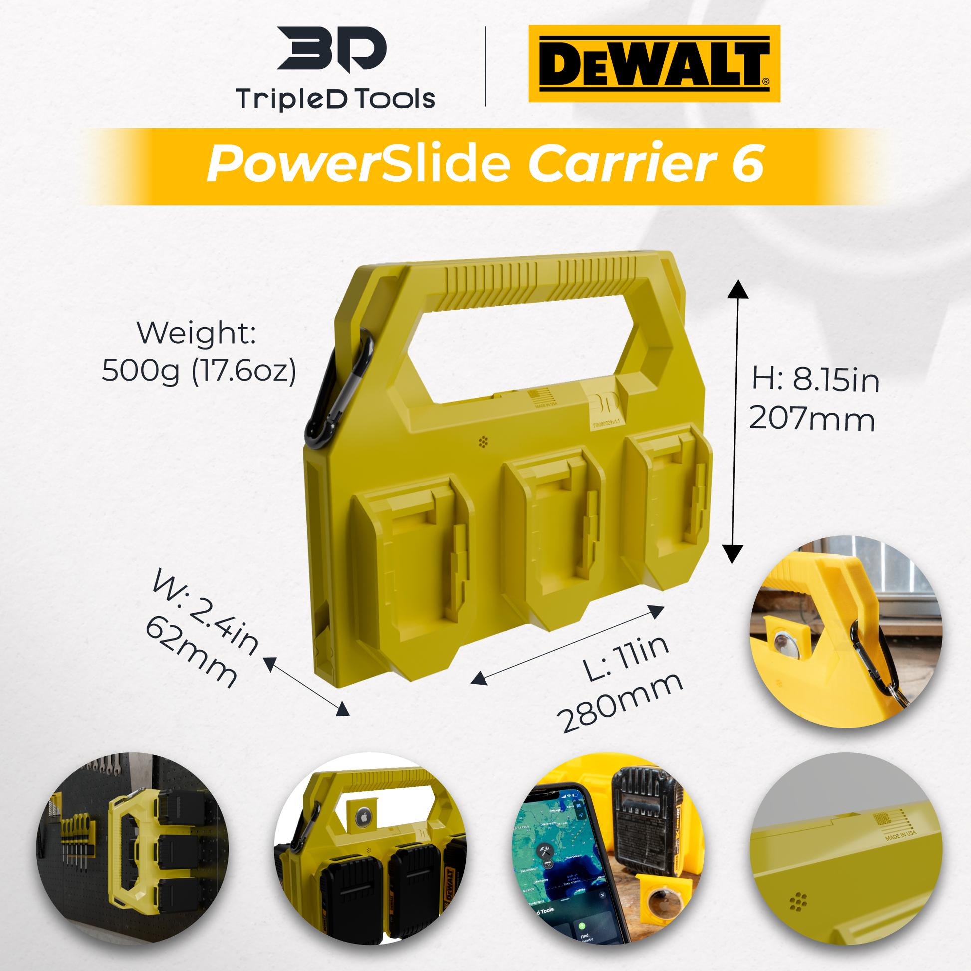 Dewalt Battery Caddy PowerSlide Carrier 6 w/ AirTag Tracking Support by TripleD Tools - Secure Battery Holder Made in America - TripleD Tools