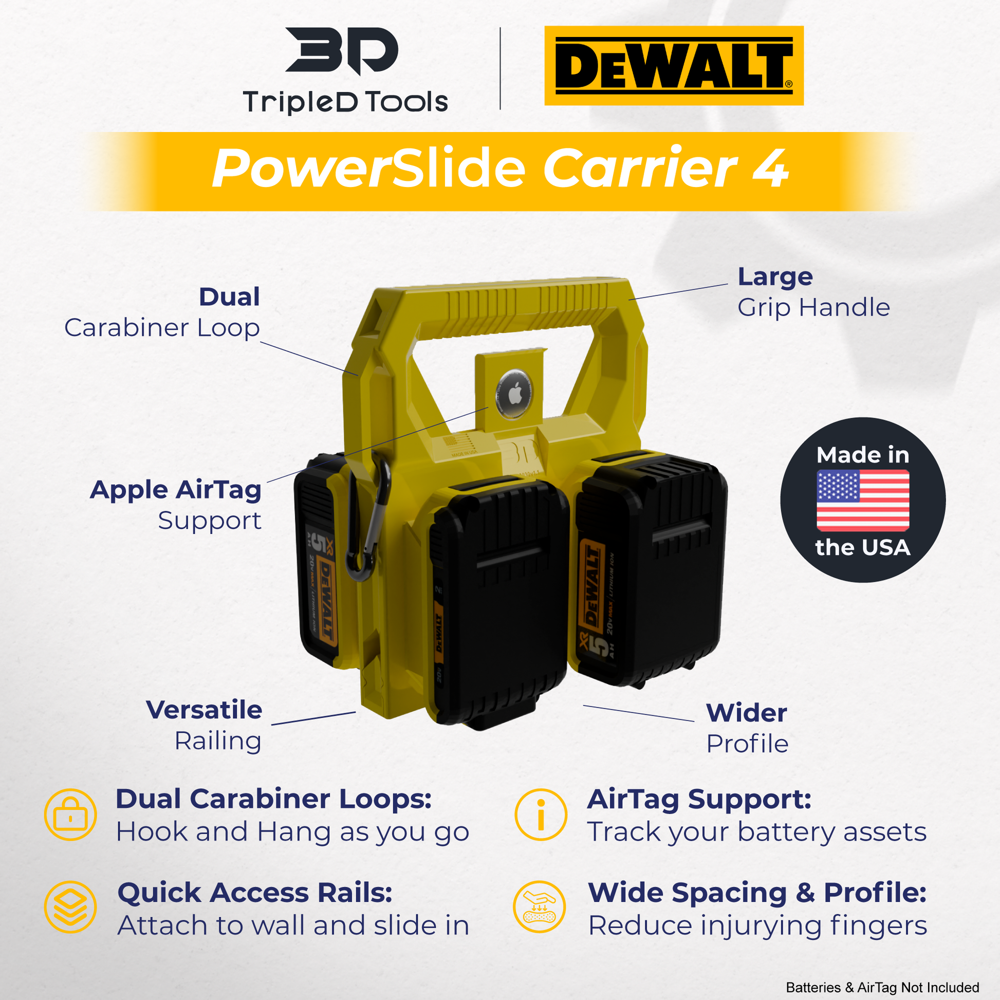 Dewalt Battery Caddy PowerSlide Carrier 4 w/ AirTag Tracking Support by TripleD Tools - Secure Battery Holder Made in America - TripleD Tools