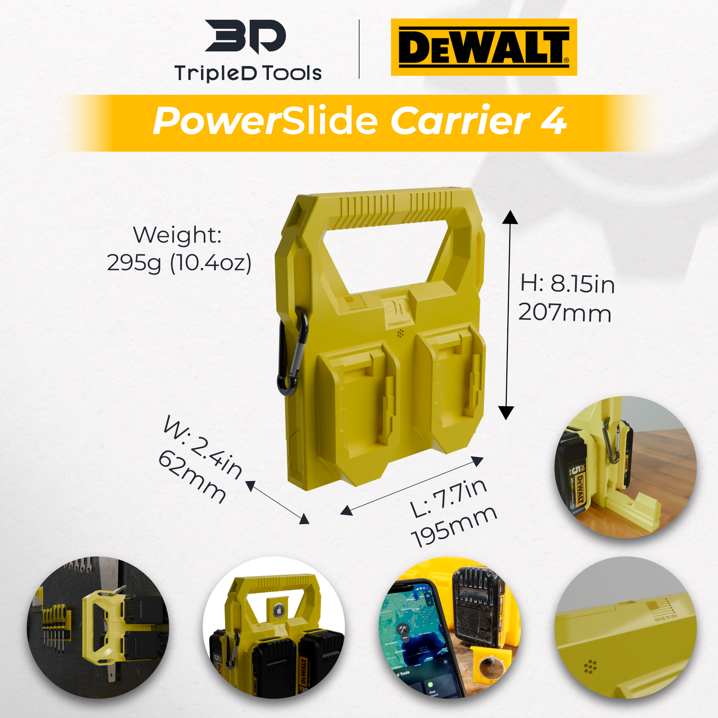 Dewalt Battery Caddy PowerSlide Carrier 4 w/ AirTag Tracking Support by TripleD Tools - Secure Battery Holder Made in America - TripleD Tools