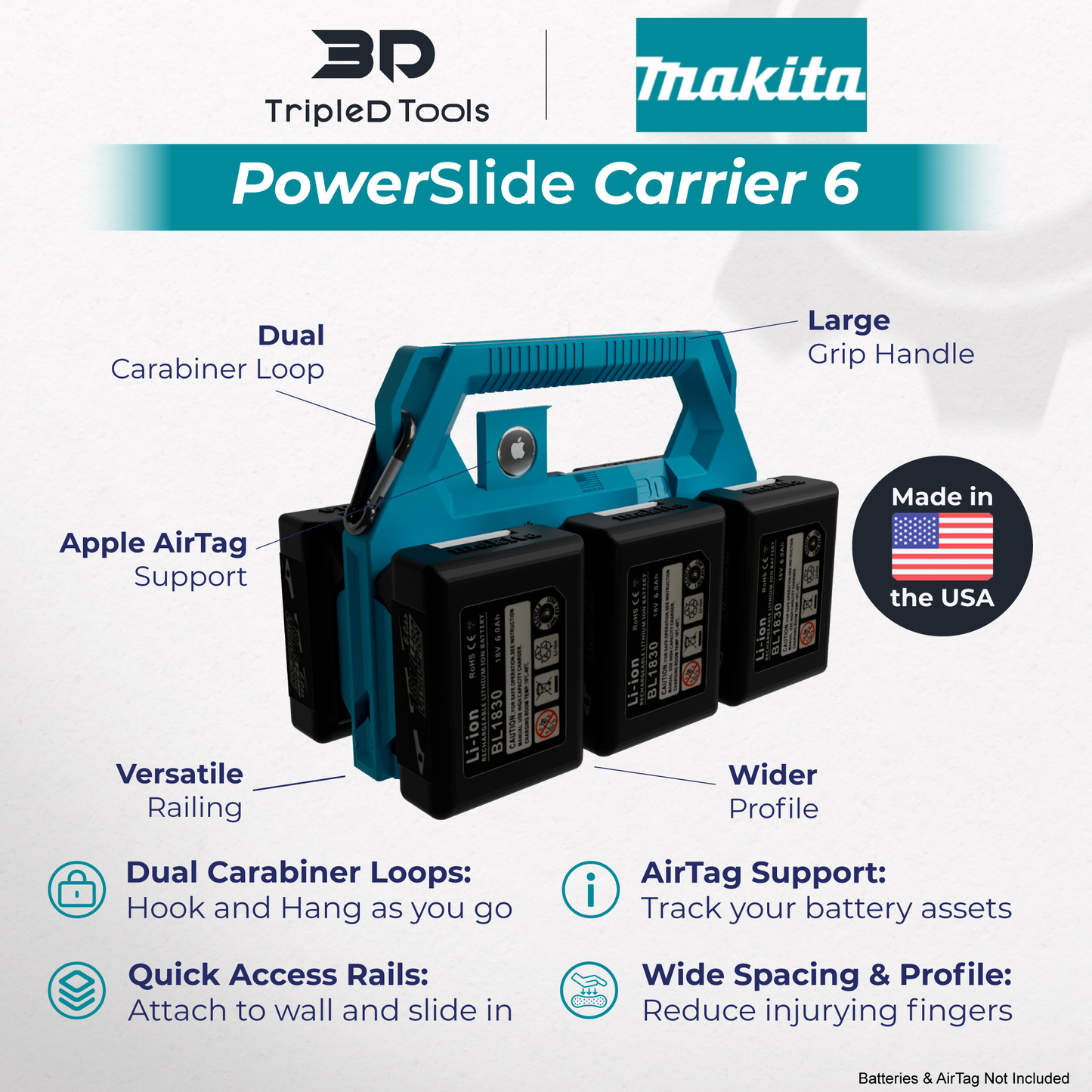 Makita Battery Caddy PowerSlide Carrier 4 & 6 w/ AirTag Tracking Support by TripleD Tools - Secure Battery Holder Made in America - TripleD Tools