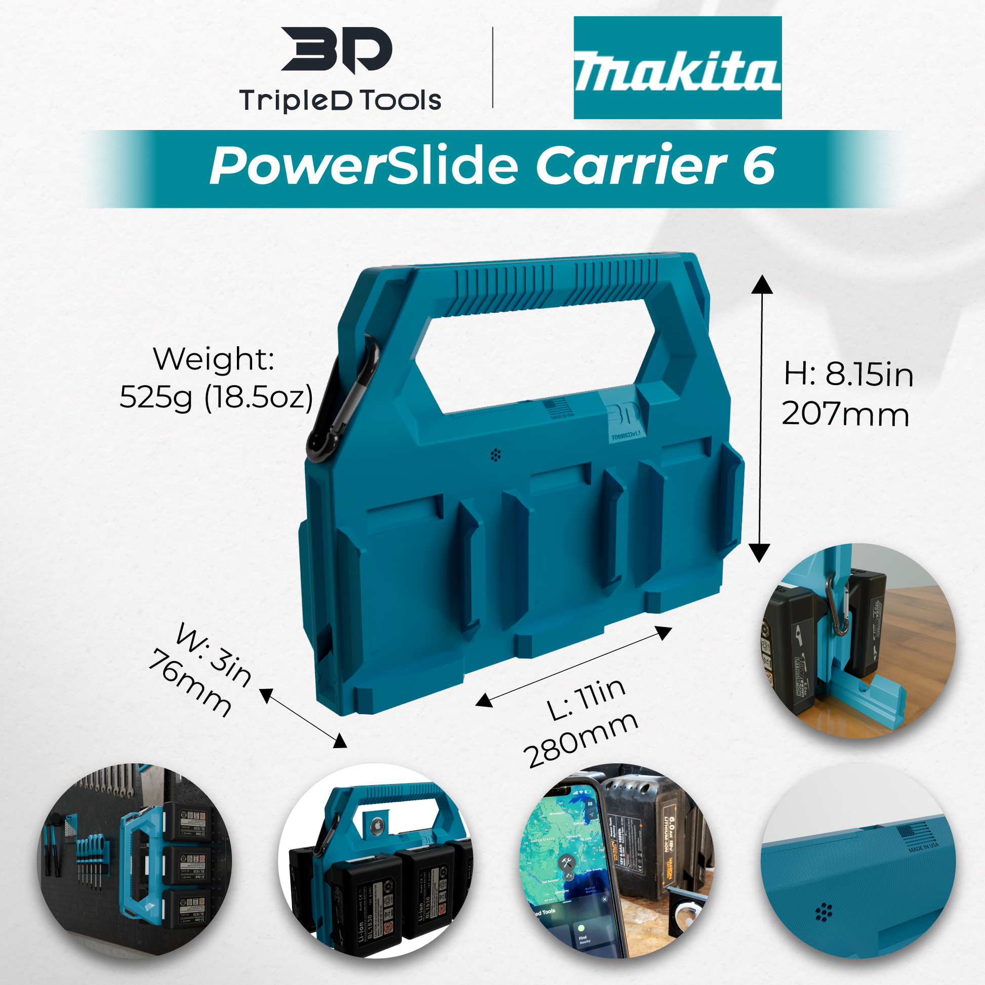 Makita Battery Caddy PowerSlide Carrier 4 & 6 w/ AirTag Tracking Support by TripleD Tools - Secure Battery Holder Made in America - TripleD Tools